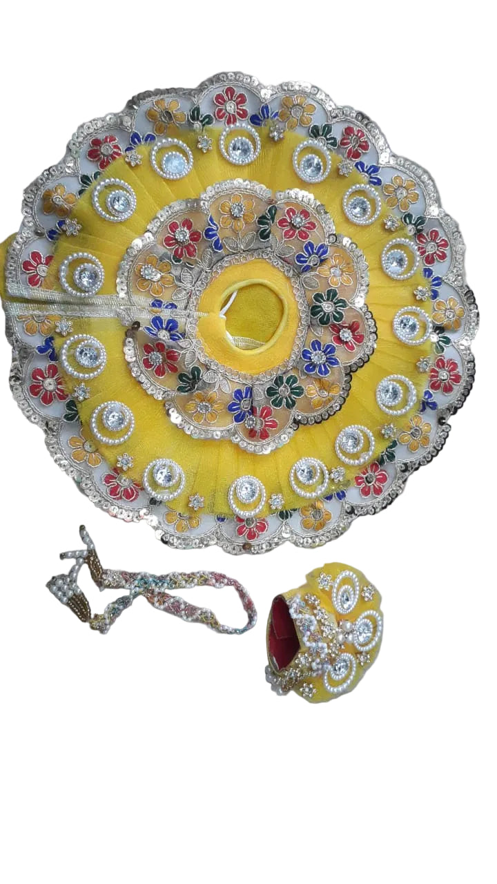Beautiful Yellow Heavy Designer Laddu Gopal Dress Set with Pagdi & Mala (Size 6)