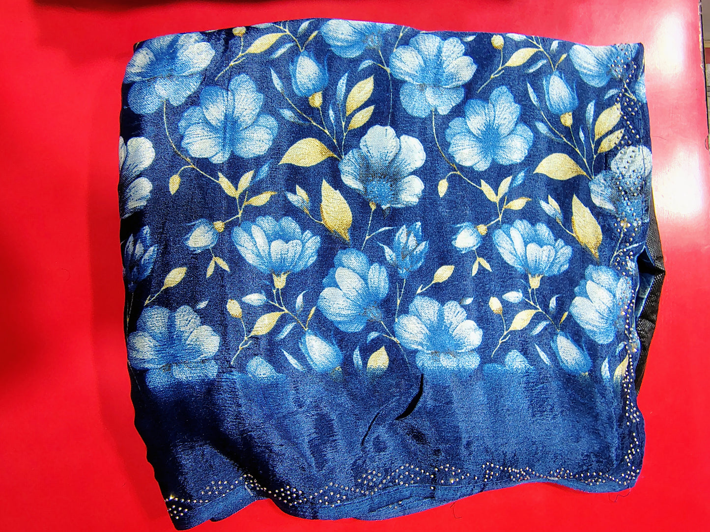 Royal Blue Floral Printed Saree with Embellished Rhinestone Border