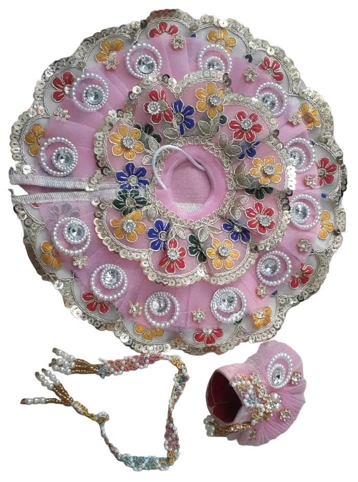 Beautiful Pink Heavy Poshak Set for Laddu Gopal Ji with Mukut and Mala (Size 5 )