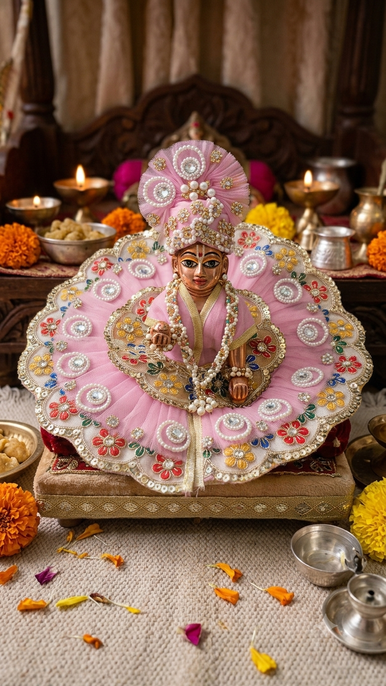 Beautiful Pink Heavy Poshak Set for Laddu Gopal Ji with Mukut and Mala (Size 5 )
