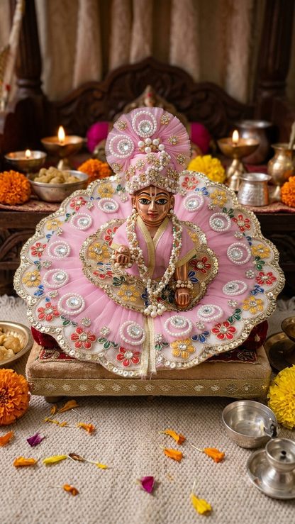 Beautiful Pink Heavy Poshak Set for Laddu Gopal Ji with Mukut and Mala (Size 5 )
