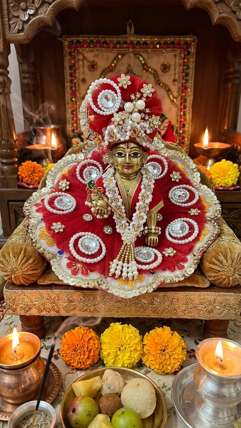 Royal Red Heavy Designer Poshak Set for Laddu Gopal Ji with Mukut & Mala Saiz 2