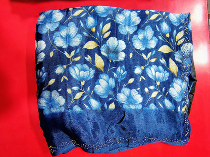 Royal Blue Floral Printed Saree with Embellished Rhinestone Border