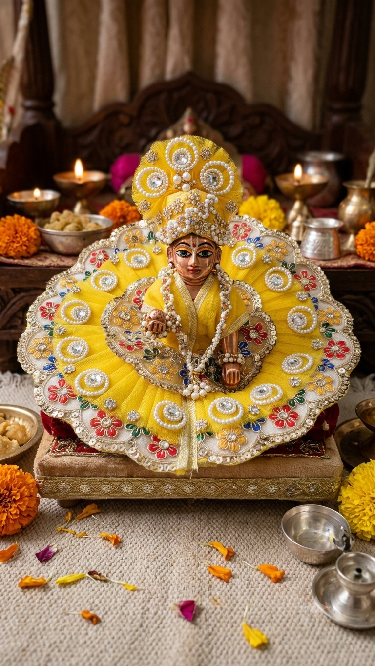 Beautiful Yellow Heavy Designer Laddu Gopal Dress Set with Pagdi & Mala (Size 5) (Copy)