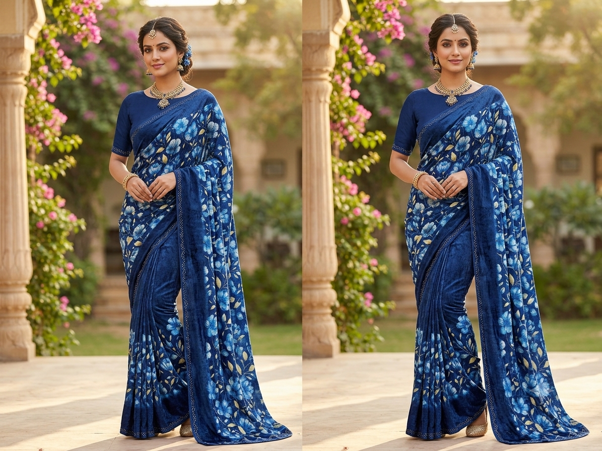 Royal Blue Floral Printed Saree with Embellished Rhinestone Border