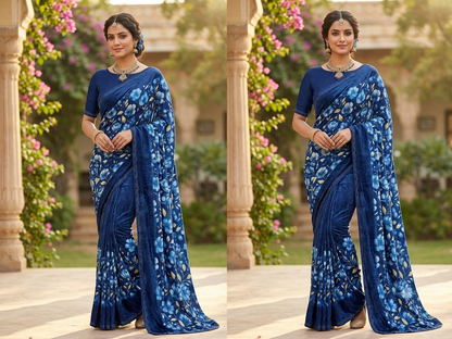 Royal Blue Floral Printed Saree with Embellished Rhinestone Border